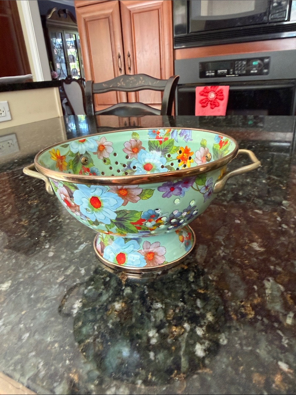 Floral Enamel Colander with Handles - Mint Green